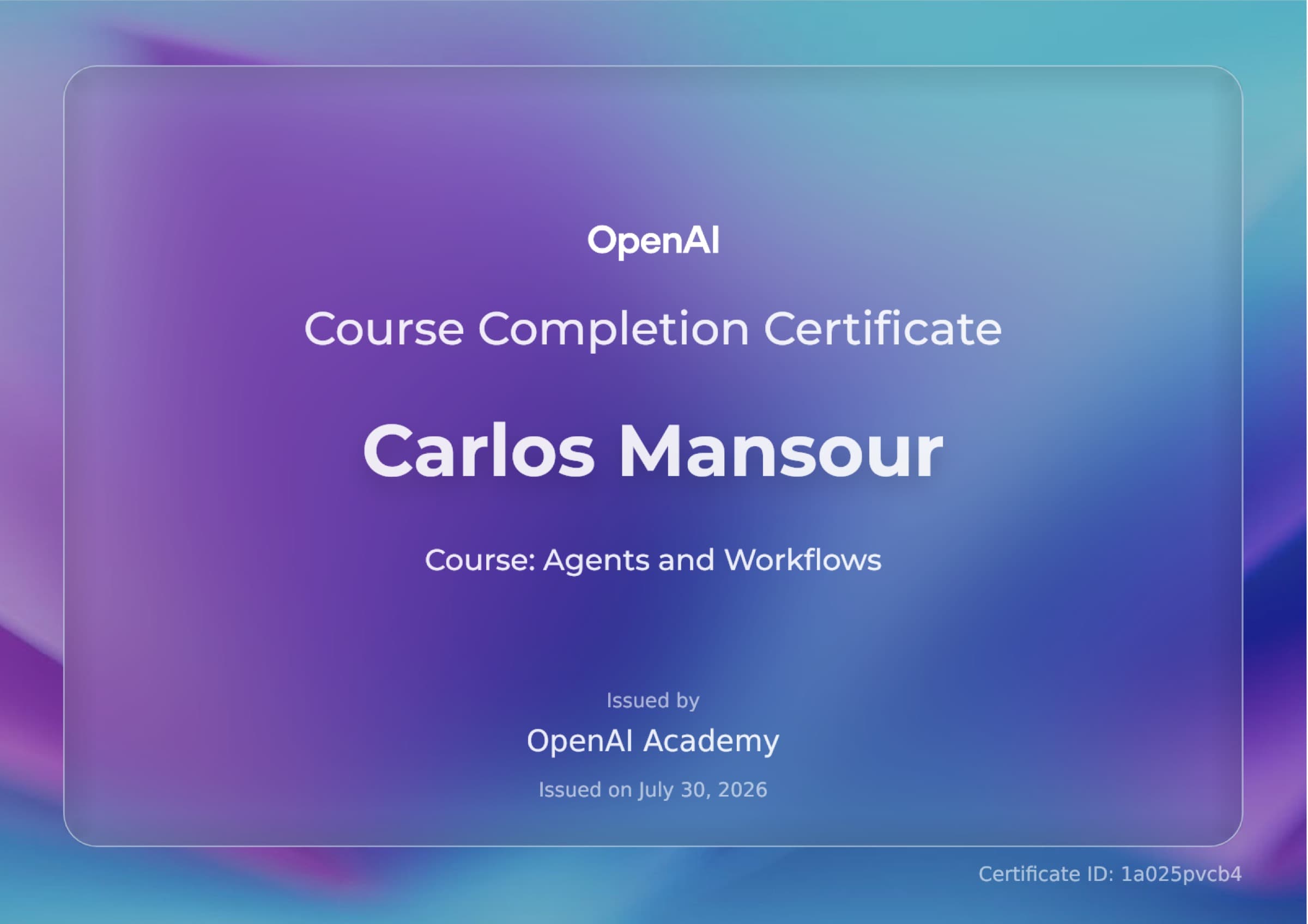 Agents and Workflows course completion certificate from OpenAI Academy