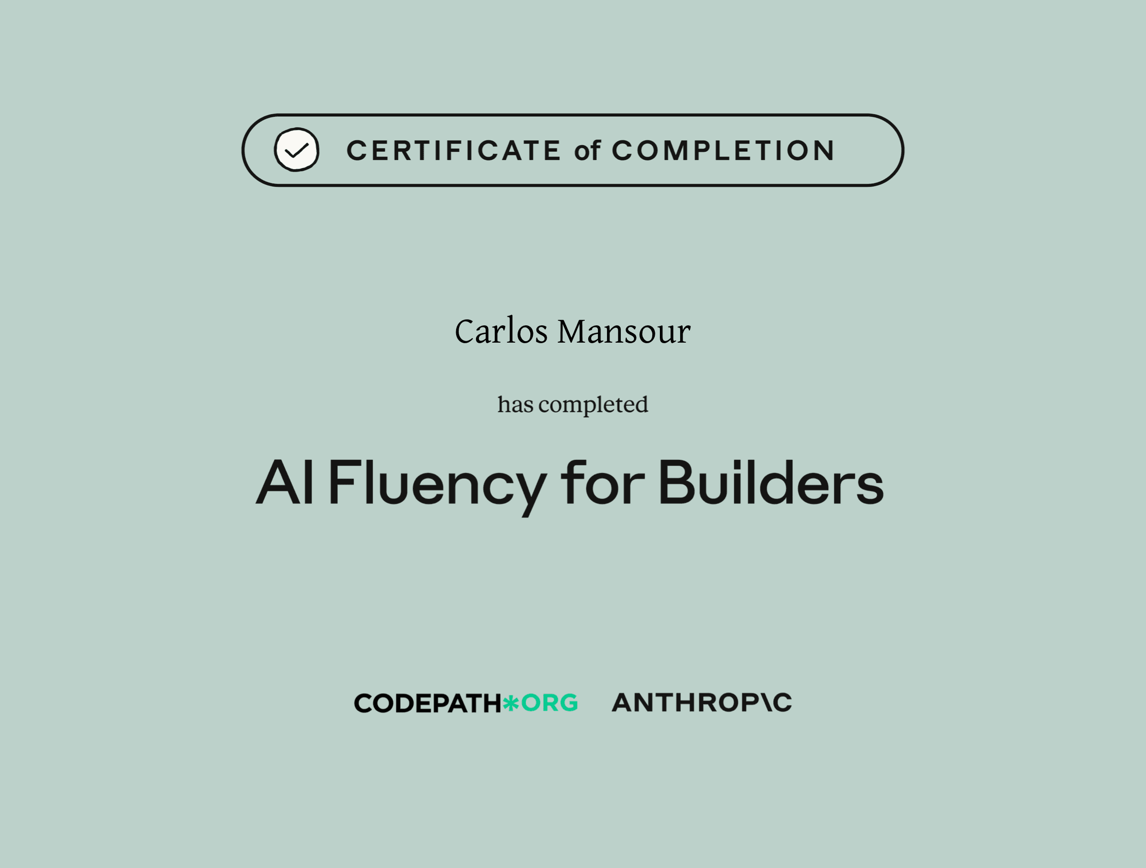 AI Fluency for Builders certificate of completion from Anthropic and Codepath