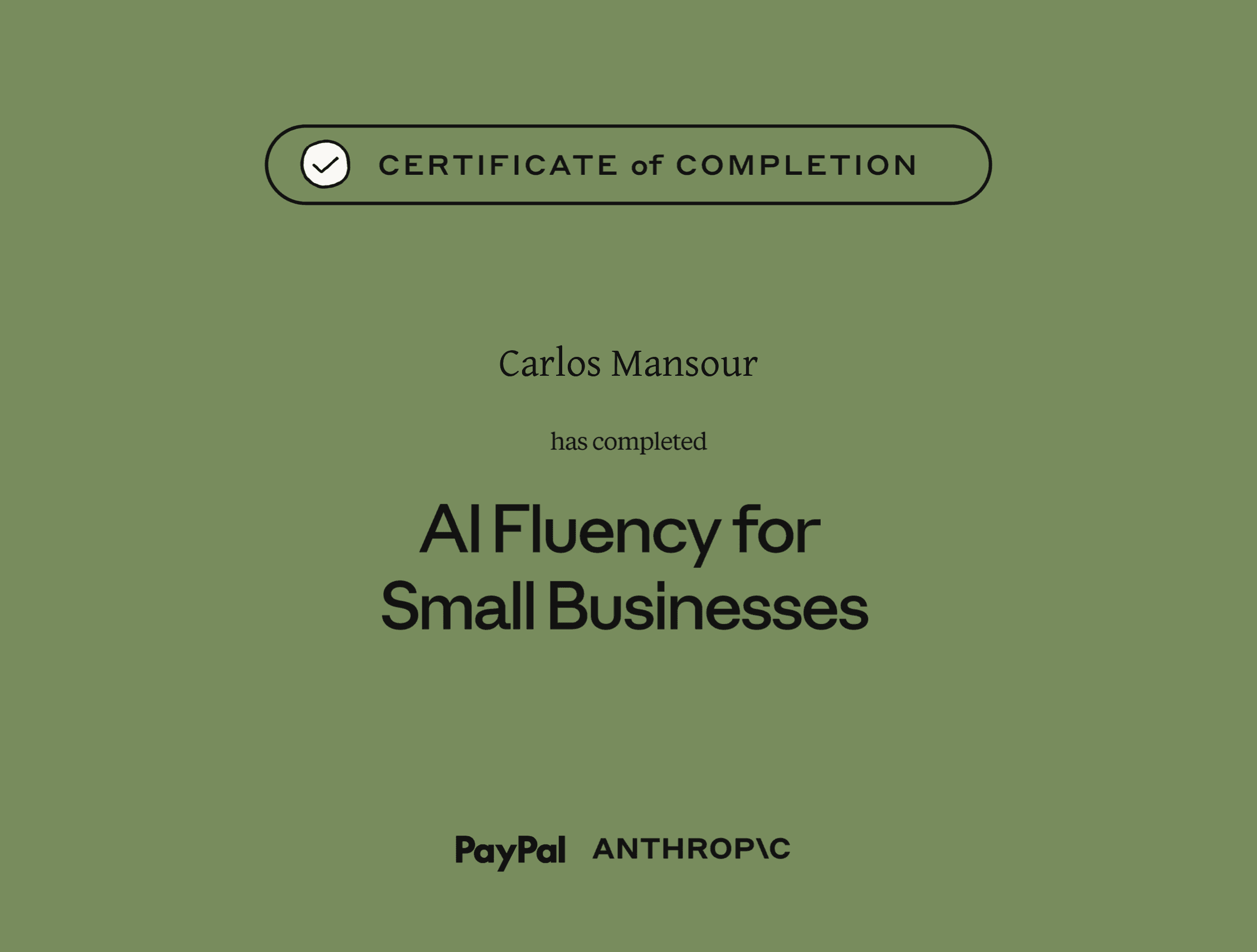 AI Fluency for Small Businesses certificate of completion from Anthropic and PayPal