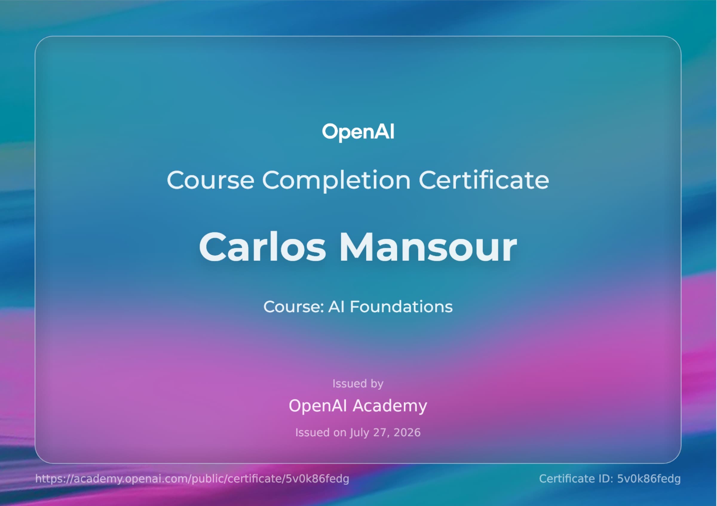AI Foundations course completion certificate from OpenAI Academy