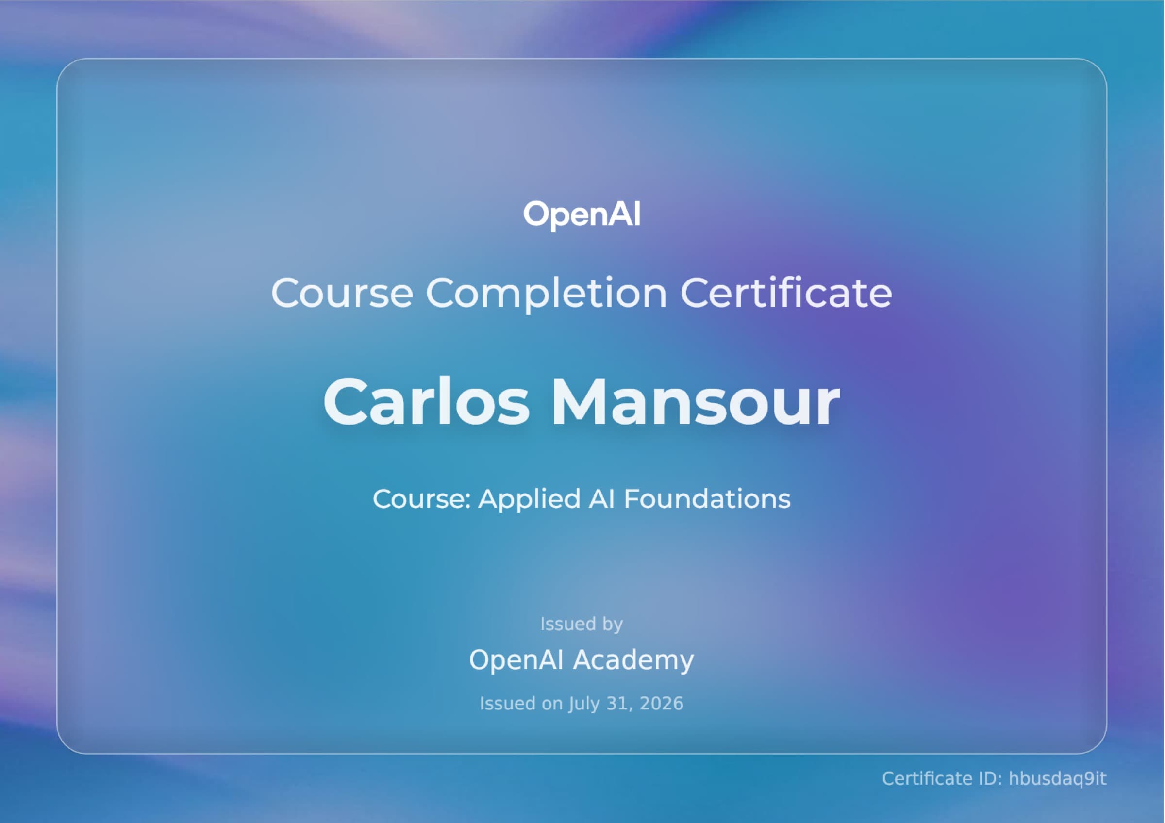 Applied AI Foundations course completion certificate from OpenAI Academy