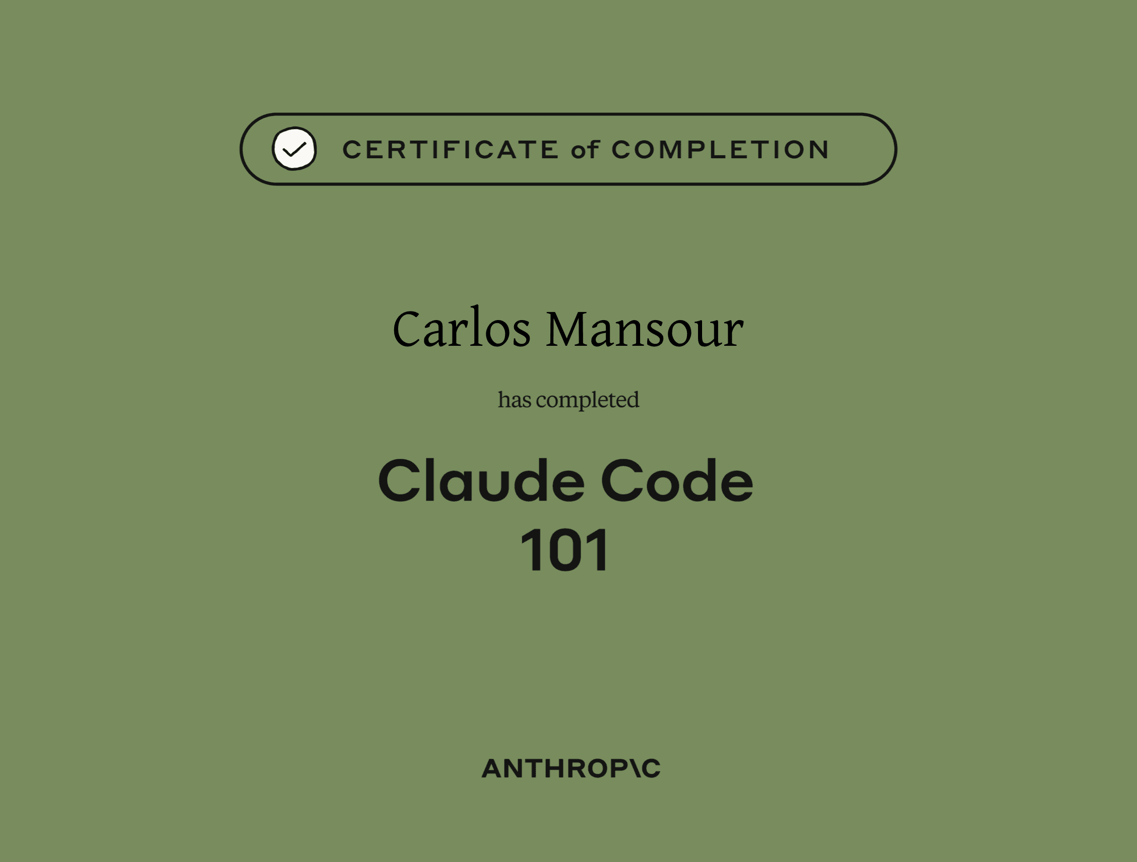 Claude Code 101 certificate of completion from Anthropic