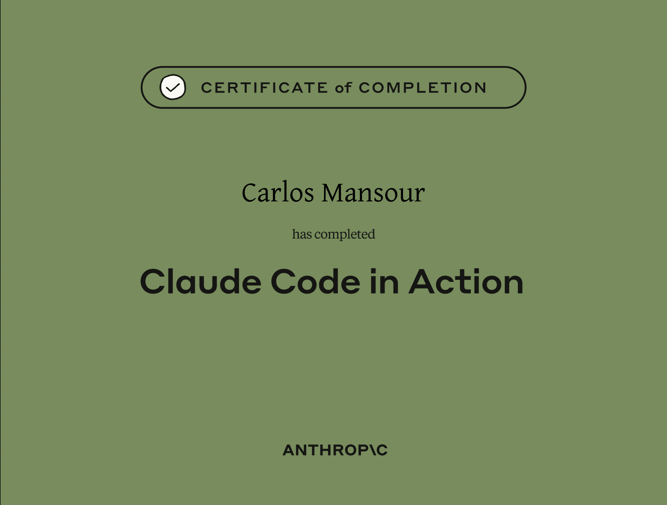 Claude Code in Action certificate of completion from Anthropic