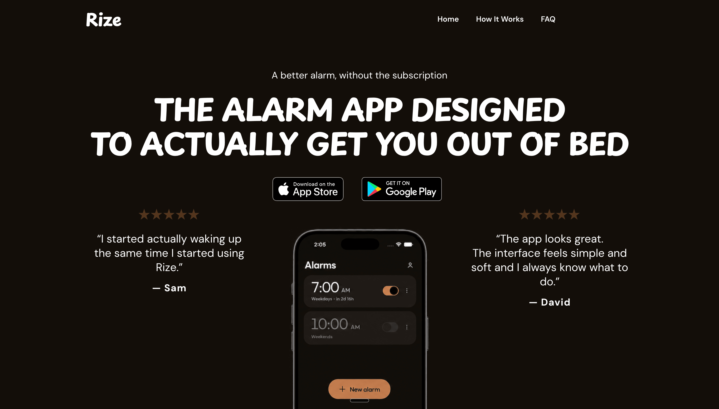 Rize alarm app website homepage